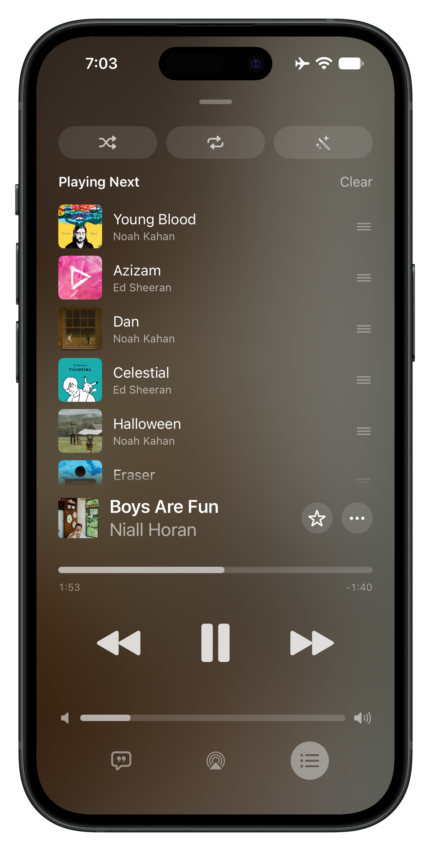 Tromme Playing Next queue with shuffle, repeat, and Magic Mix controls