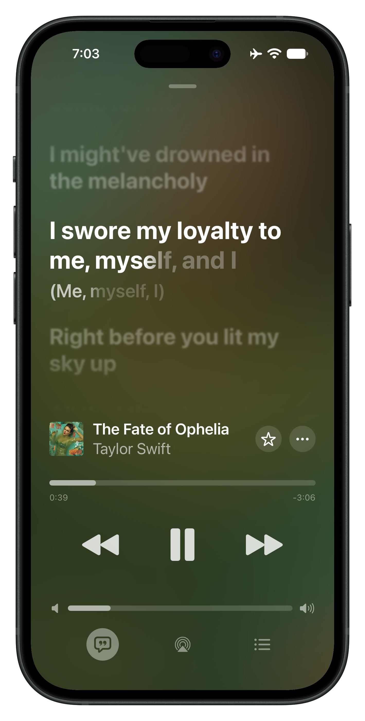 Tromme now playing screen with word-synced lyrics